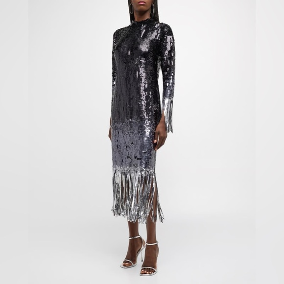 SIMKHAI Talya Mock-Neck Ombr Sequin Fringe Midi Dress -  conticontadores.com.br